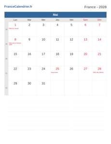 Calendrier 2028 Mai
