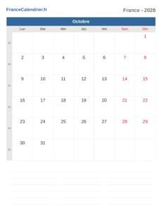 Calendrier 2028 Octobre