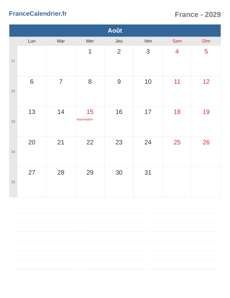 Calendrier 2029 Août