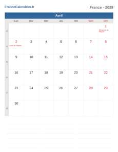 Calendrier 2029 Avril