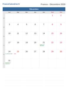 Calendrier 2029 Décembre
