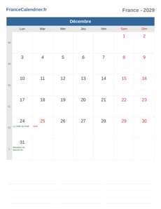 Calendrier 2029 Décembre