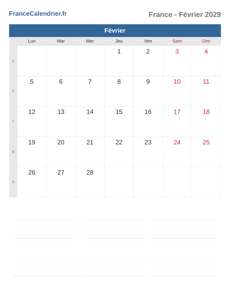 Calendrier 2029 Février