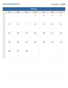 Calendrier 2029 Février