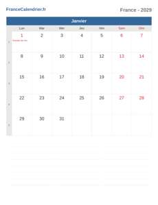 Calendrier 2029 Janvier
