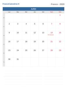 Calendrier 2029 Juillet