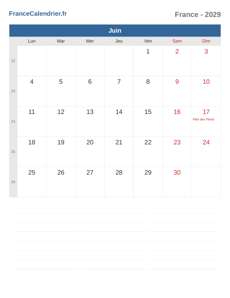 Calendrier 2029 Juin