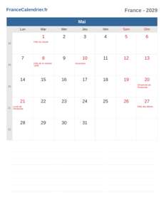 Calendrier 2029 Mai