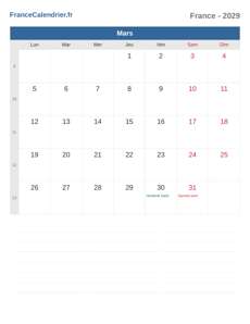 Calendrier 2029 Mars