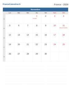 Calendrier 2029 Novembre