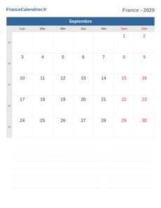 Calendrier 2029 Septembre